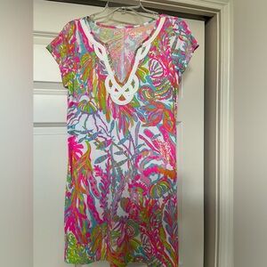 Lilly Pulitzer mixed pink multi colored cotton dress, white rope brocade trim